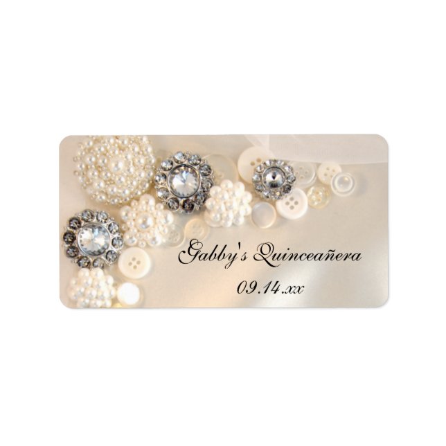 Pearl and Diamond Buttons Quinceañera Gefälligkeit Adressaufkleber (Vorne)