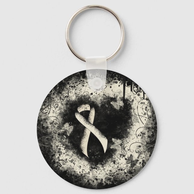 Pearl Awareness Ribbon Grunge Herz Schlüsselanhänger (Vorderseite)