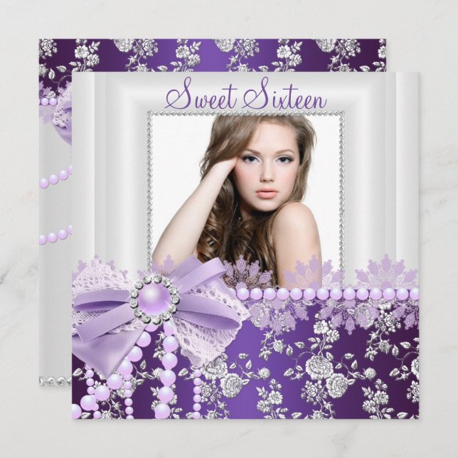Pearl Bow & Lace Lila Foto Sweet 16 Einladung (Vorne/Hinten)
