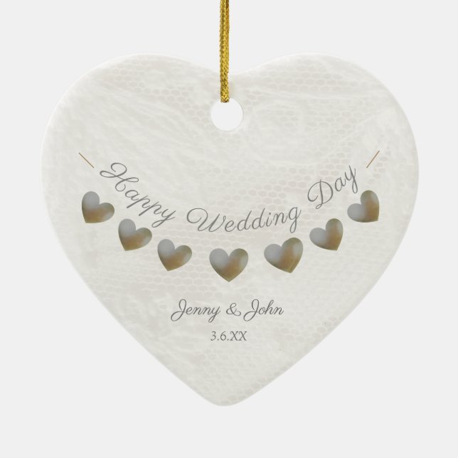 Pearl & Creme Spitzenherz Trauung Keramik Ornament (Hinten)