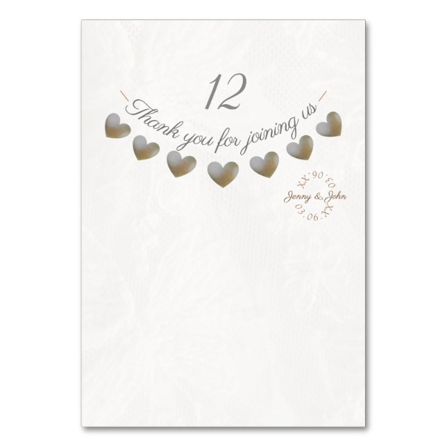 Pearl & Creme Spitzenherz Trauung Tischnummer (Vorderseite)