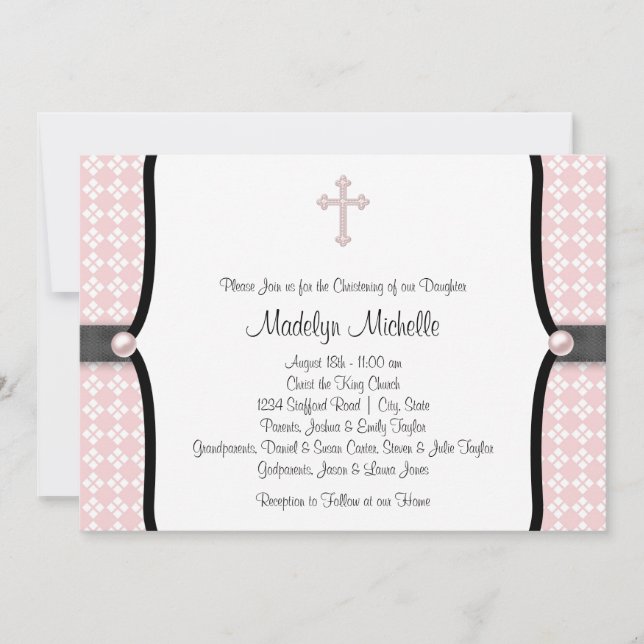 Pearl Cross Pink Black Damask Christening Einladung (Vorderseite)