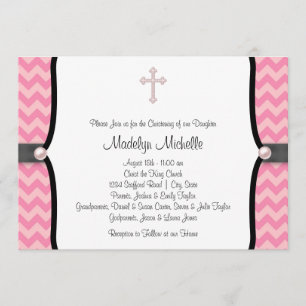 Pearl Cross Pink Zickzack Christening Einladung