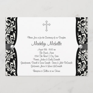 Pearl Cross White and Black Damask Christening Einladung