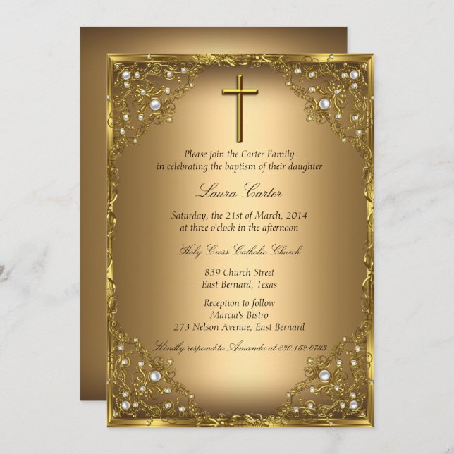 Pearl Damask Cross Gold Taufen/Christening Einladung (Vorne/Hinten)