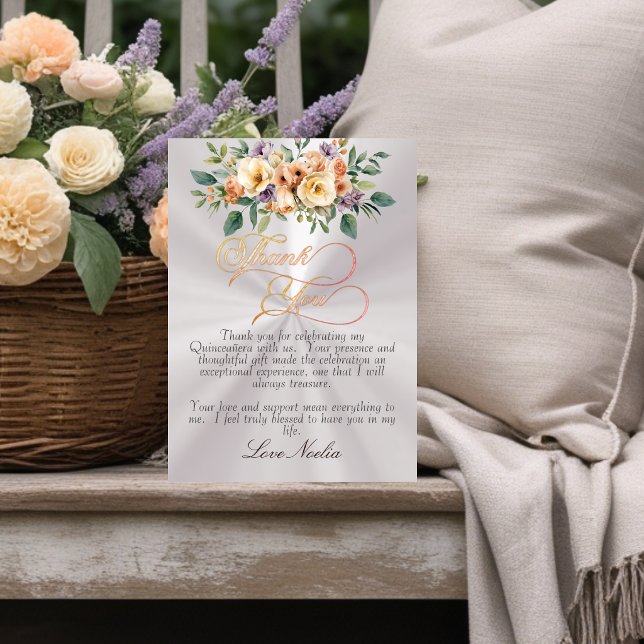 Pearl - Floral & Silver Tiara Quinceanera Dankeskarte (Von Creator hochgeladen)