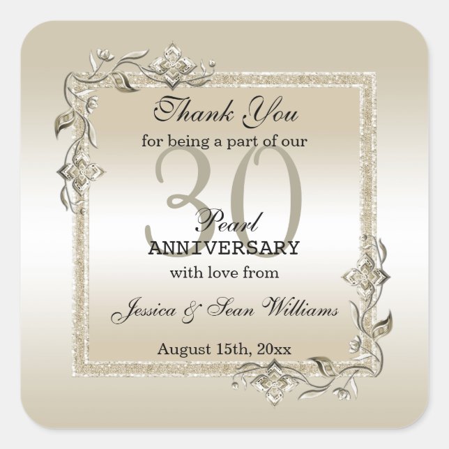 Pearl Gem & Glitzer 30. Hochzeitstag Quadratischer Aufkleber (Vorderseite)