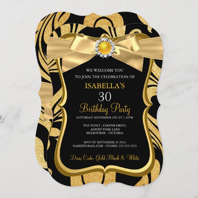 Pearl Gold Bow Black Damask Birthday Einladung (Vorne/Hinten)