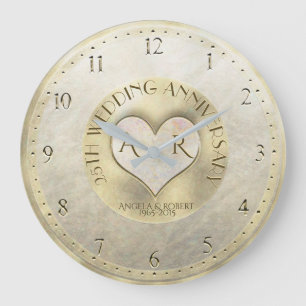 Pearl Gold Heart Monogram Wedding Jubiläum Große Wanduhr