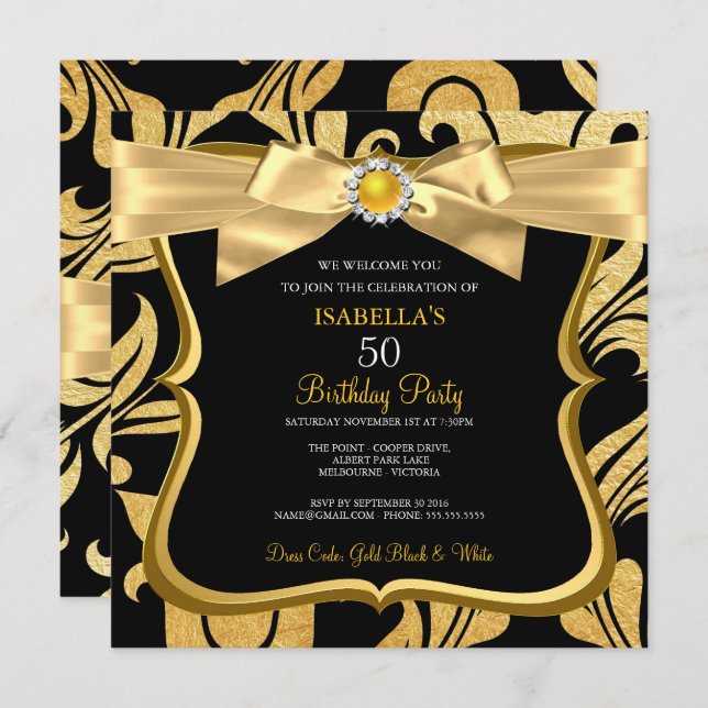 Pearl Gold Yellow Bow Black Damask Birthday Einlad Einladung (Vorne/Hinten)