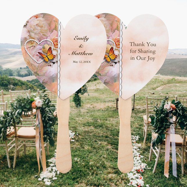 Pearl Heart Floral Orange Pink Rose Butterfly Wed Fächer (Pearl Heart Floral Orange Pink Rose Butterfly Wed Hand Fan)