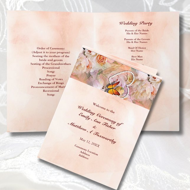 Pearl Heart Floral Rose Butterfly Faltenblume Hoch Programm (Pearl Heart Floral Rose Butterfly Folded Wedding Program)