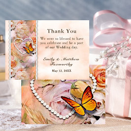 Pearl Heart Orange Pink Roses Butterfly Wedding Dankeskarte