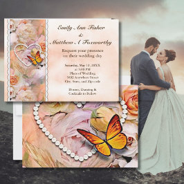 Pearl Heart Orange Rose & Butterflies Hochzeit Einladung