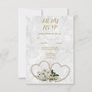 Pearl Hearts & Blume Damask Wedding Menu UAWG RSVP Karte