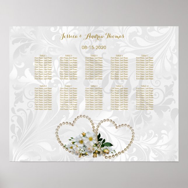 Pearl Hearts & Blume Damask Wedding Poster (Vorne)