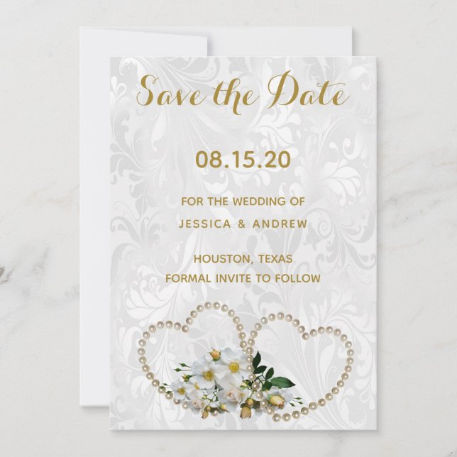 Pearl Hearts & Blume Damask Wedding Save the Date (Vorderseite)