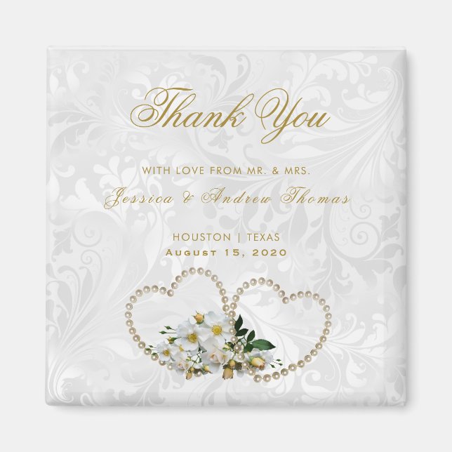 Pearl Hearts & Blume Damask Wedding Vielen Dank Magnet (Vorne)