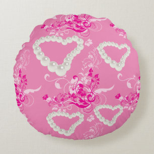 Pearl Hearts Pink Floral Swirl Rundwurfkissen Rundes Kissen