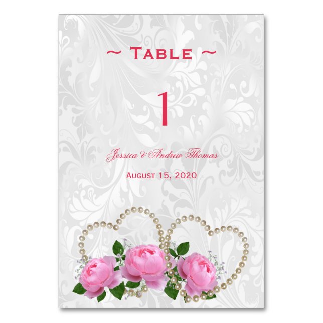 Pearl Hearts & Rose Damask Hochzeit Tischnummer (Vorderseite)
