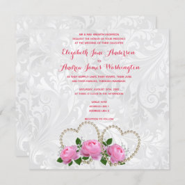 Pearl Hearts & Rose Damask Wedding Einladung