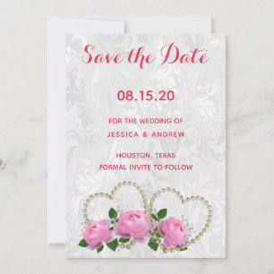 Pearl Hearts & Rose Damask Wedding Save the Date