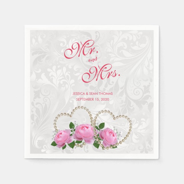 Pearl Hearts & Rose Damask Wedding Serviette (Vorderseite)