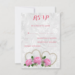 Pearl Hearts & Rose Damask Wedding UAWG RSVP Karte