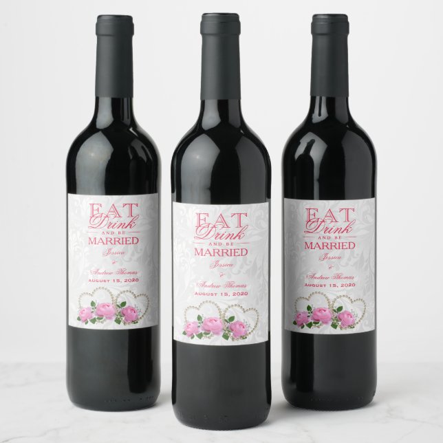Pearl Hearts & Rose Damask Wedding Weinetikett (Flaschen)