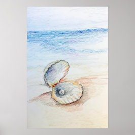 Pearl In Clam Shell Ocean Beach Waves Poster