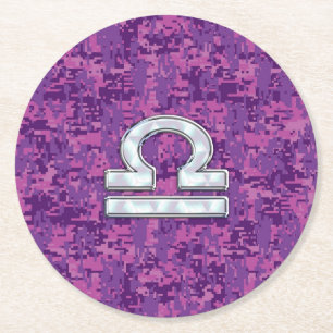 Pearl Libra Zodiac Sign auf Fuchsia Digital Camouf Runder Pappuntersetzer