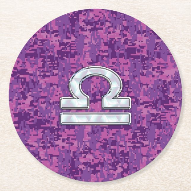Pearl Libra Zodiac Sign auf Fuchsia Digital Camouf Runder Pappuntersetzer (Vorderseite)