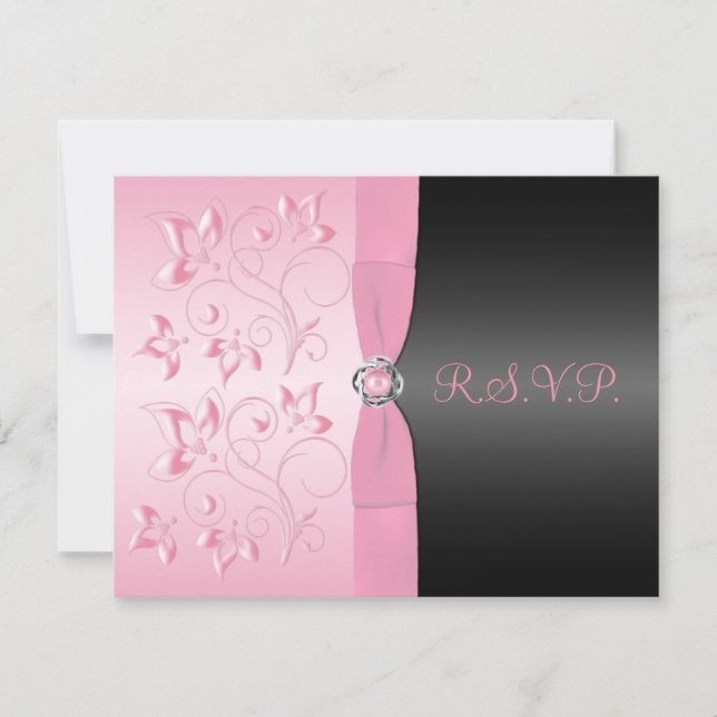 Pearl Loveknot Floral RSVP Card Schwarz/Pink Karte (Vorderseite)