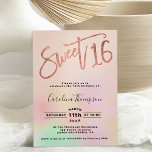 Pearl ombre Regenbogenskript erröten Sweet 16 Foto Einladung<br><div class="desc">Moderne,  schicke und elegante Perlbogenholografie ombre,  süße 16-Geburtstagsfolien-Party Einladung mit moderner 16 Typografie mit pastellfarbenem Regenbogen-Farbverlauf auf editierbarem pastellfarbenem Rosa Hintergrund. Fügen Sie Ihr Foto auf der Rückseite oder verließ einen rosa Hintergrund. Perfekt für die Prinzessin Thema Sweet 16!</div>