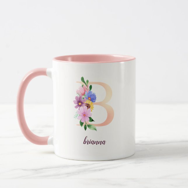 Pearl Pink Watercolor Floral Letter B Monogramm Tasse (Links)