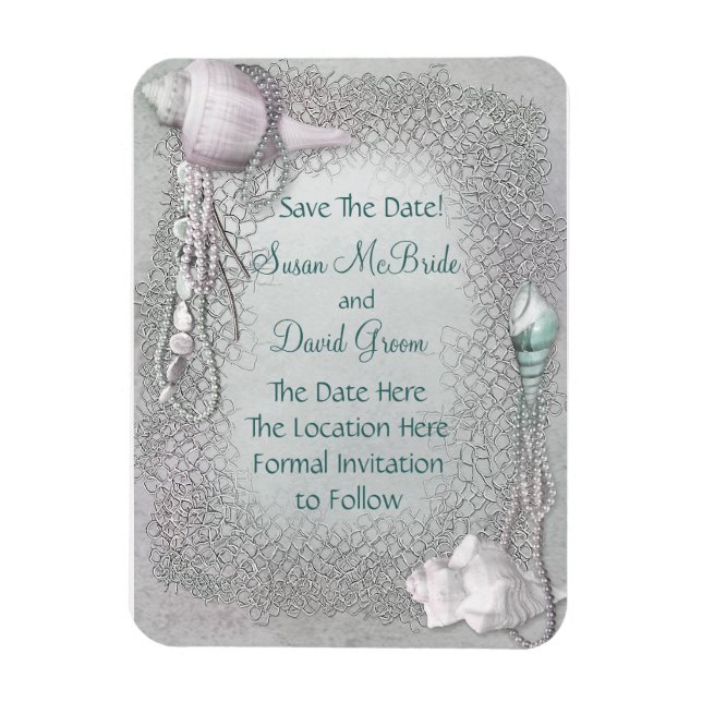 Pearl Seashell Beach Wedding rettet das Date Magne Magnet (Vertikal)