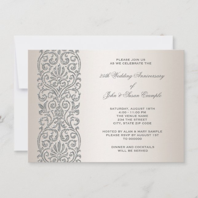 Pearl Silver Border 25-jähriges Party Einladung (Vorderseite)