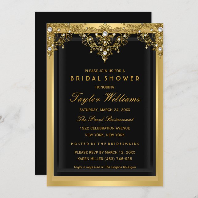 Pearl Vintag Glamour Gold Brautparty Einladung (Vorne/Hinten)