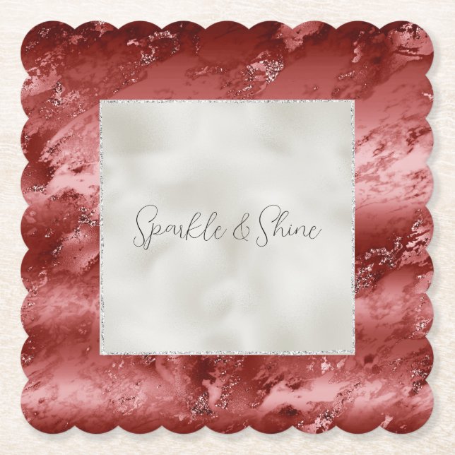 Pearl White Glitzer Red Marble Wedding Untersetzer (Vorderseite)