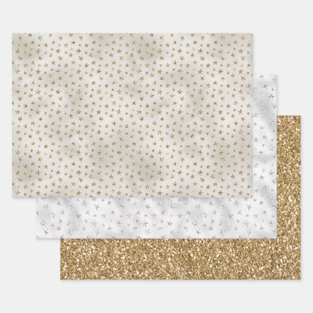 Pearl White Gold Glitzer Sparkle Stars Geschenkpapier Set (Set)