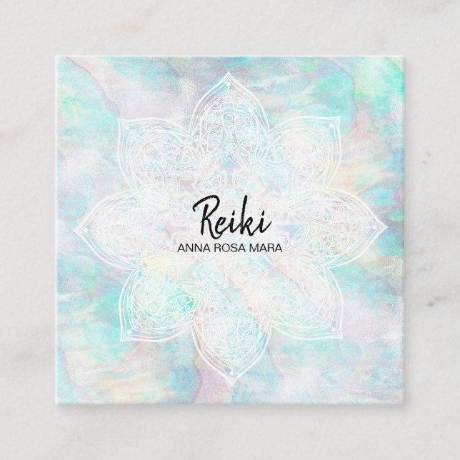 *~* Pearl White-Mandala-Pastellrosa-Gelb-Blau Quadratische Visitenkarte (Vorderseite)