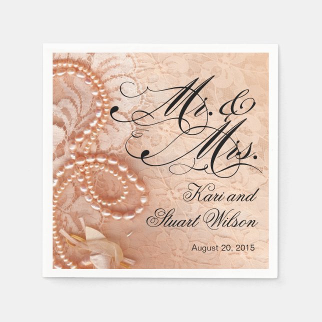 Pearls and Lace Mr. & Mrs. | Pfirsich Serviette (Vorderseite)
