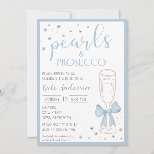 Pearls and Prosecco Blue Bow Bridal Shower Einladung (Vorderseite)