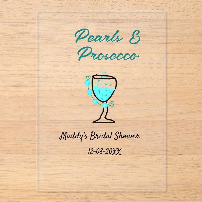 Pearls and prosecco bridal shower blue black name  acryleinladungen (Vorderseite)