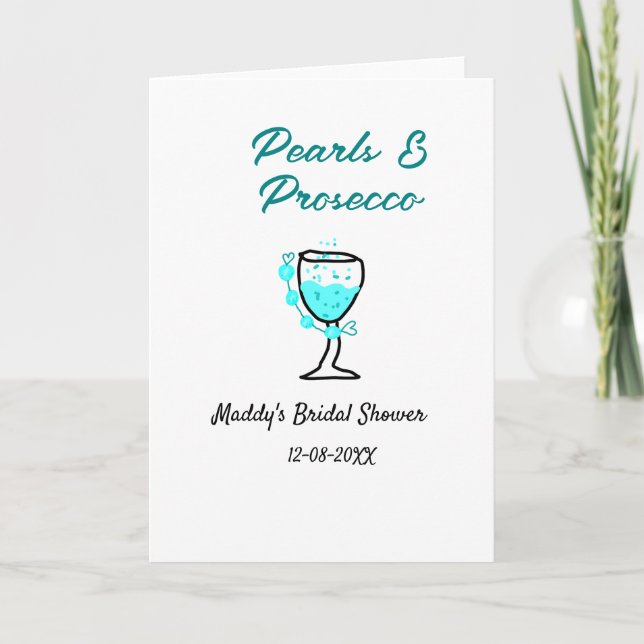 Pearls and prosecco bridal shower blue black name  karte (Vorderseite)