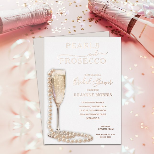 Pearls and Prosecco Bridal Shower Brunch & Bubbly Folieneinladung (Pearls and Prosecco bridal shower brunch & bubbly REAL ROSE GOLD FOIL invitations)
