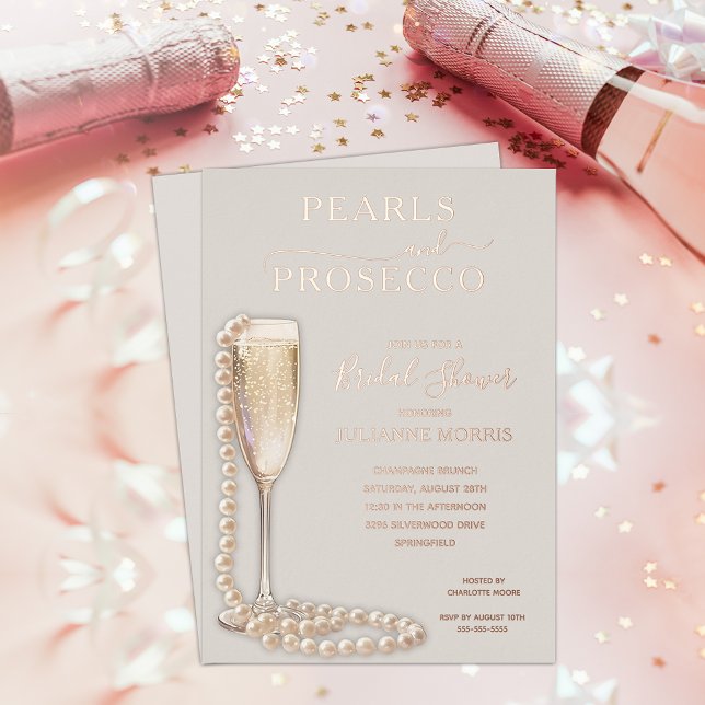 Pearls and Prosecco Bridal Shower Brunch & Bubbly Folieneinladung (Pearls and Prosecco Bridal shower brunch & bubbly REAL ROSE GOLD FOIL on taupe invitations)