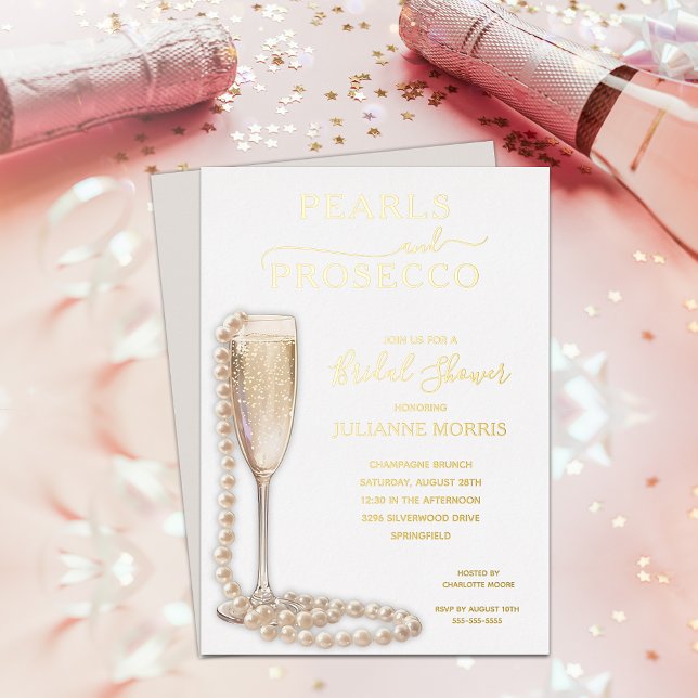 Pearls and Prosecco Bridal Shower Brunch & Bubbly Folieneinladung (Pearls and Prosecco bridal shower brunch & bubbly REAL GOLD FOIL invitations)