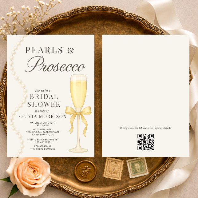 Pearls and Prosecco QR Code Bridal Shower Einladung (Von Creator hochgeladen)