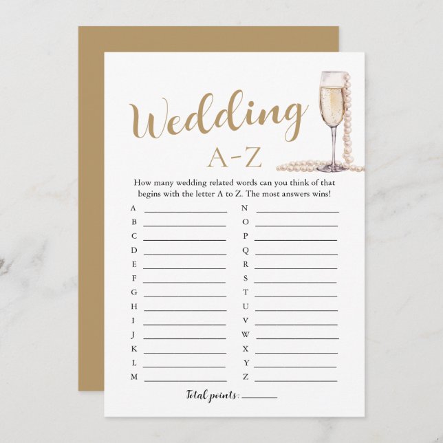 Pearls and Prosecco Wedding A-Z Brautparty Game Einladung (Vorne/Hinten)